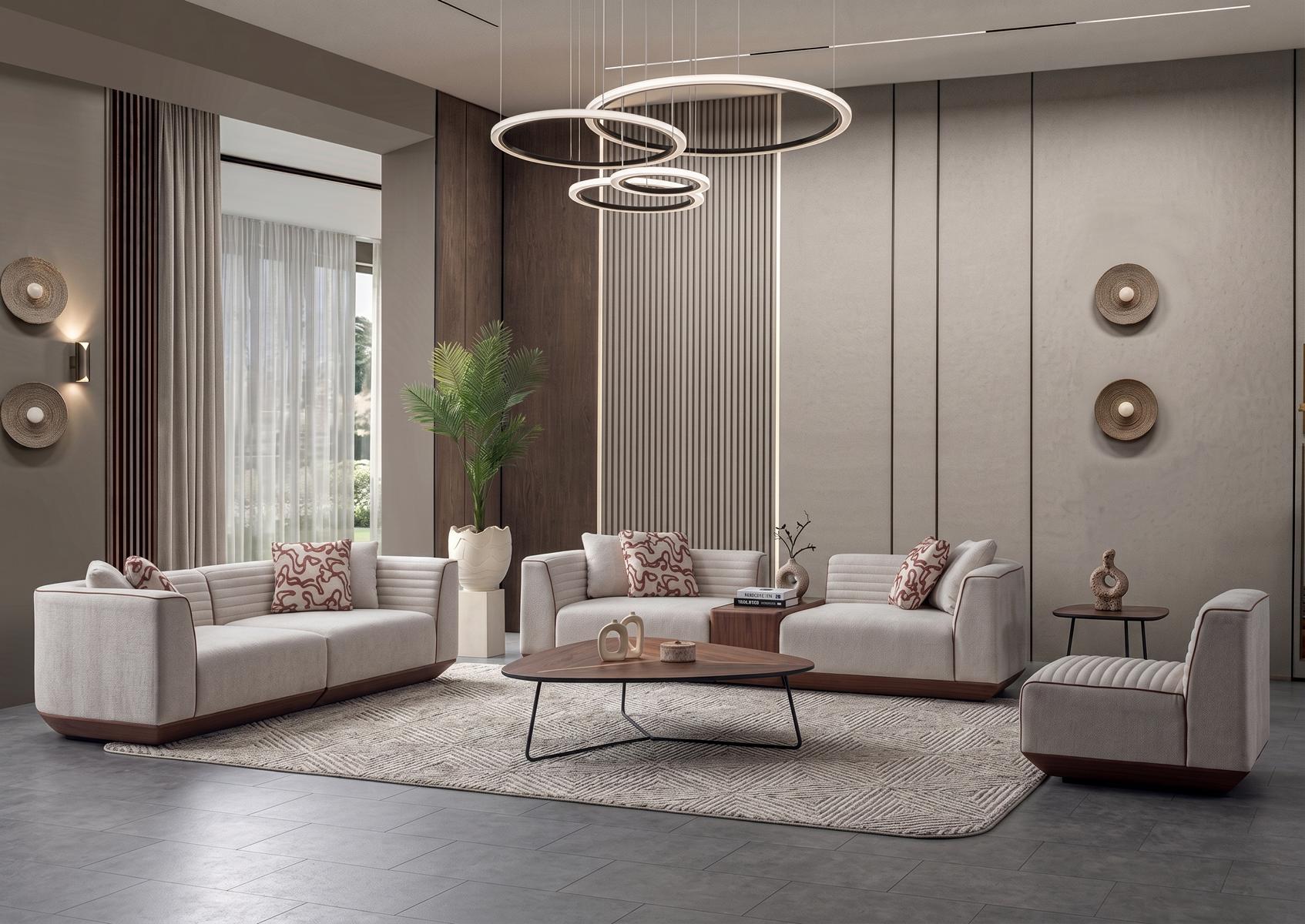 Sofa Set hellbeige mit Holzsockel modern und geradlinig Couch Möbel Polster