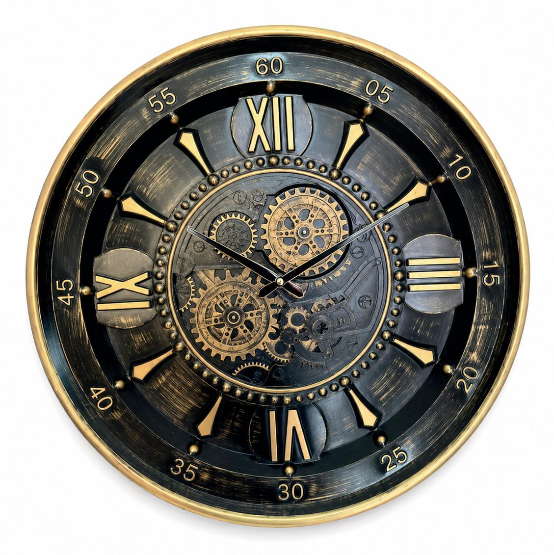 Wanduhr Schwarz Gold Zahnräder Mechanismus Vintage Stil Dekor Uhr
