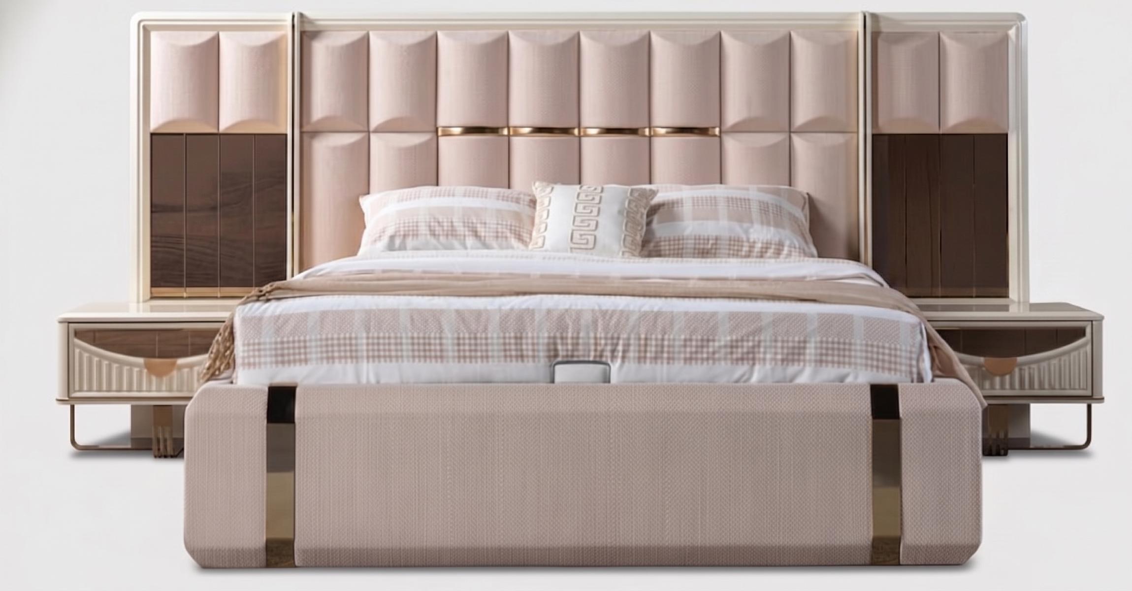 Designer Schlafzimmer Garnitur Beiges Polsterbett Nachttische