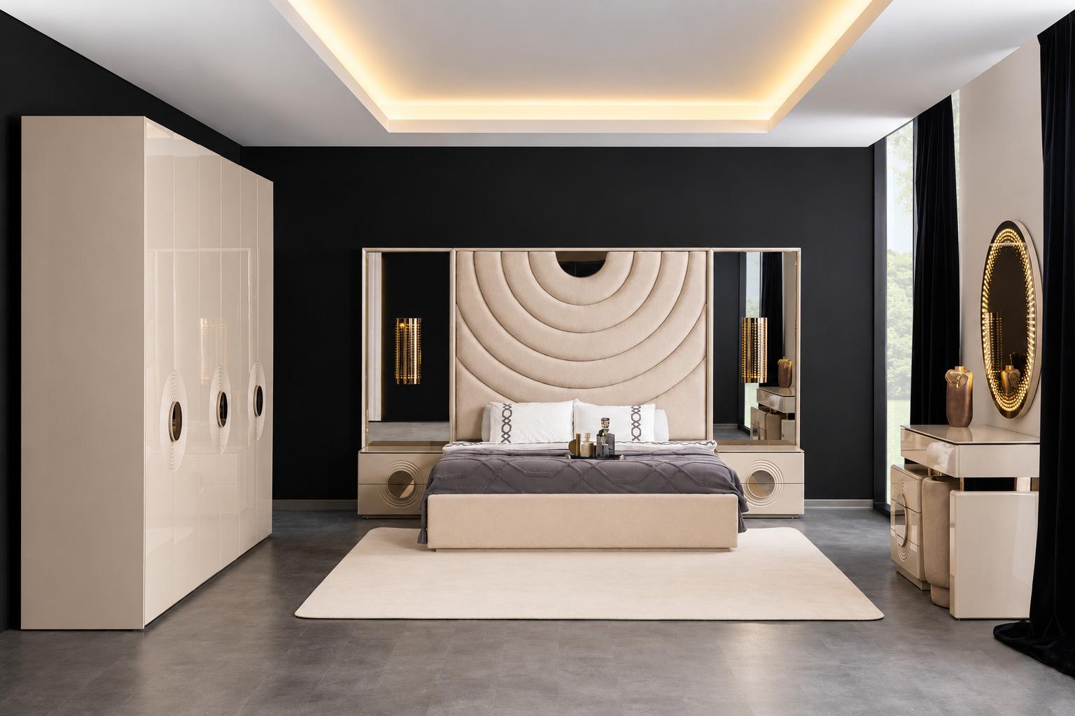 Moderne Beige Schlafzimmer Garnitur Polsterbett Schminktisch Spiegel