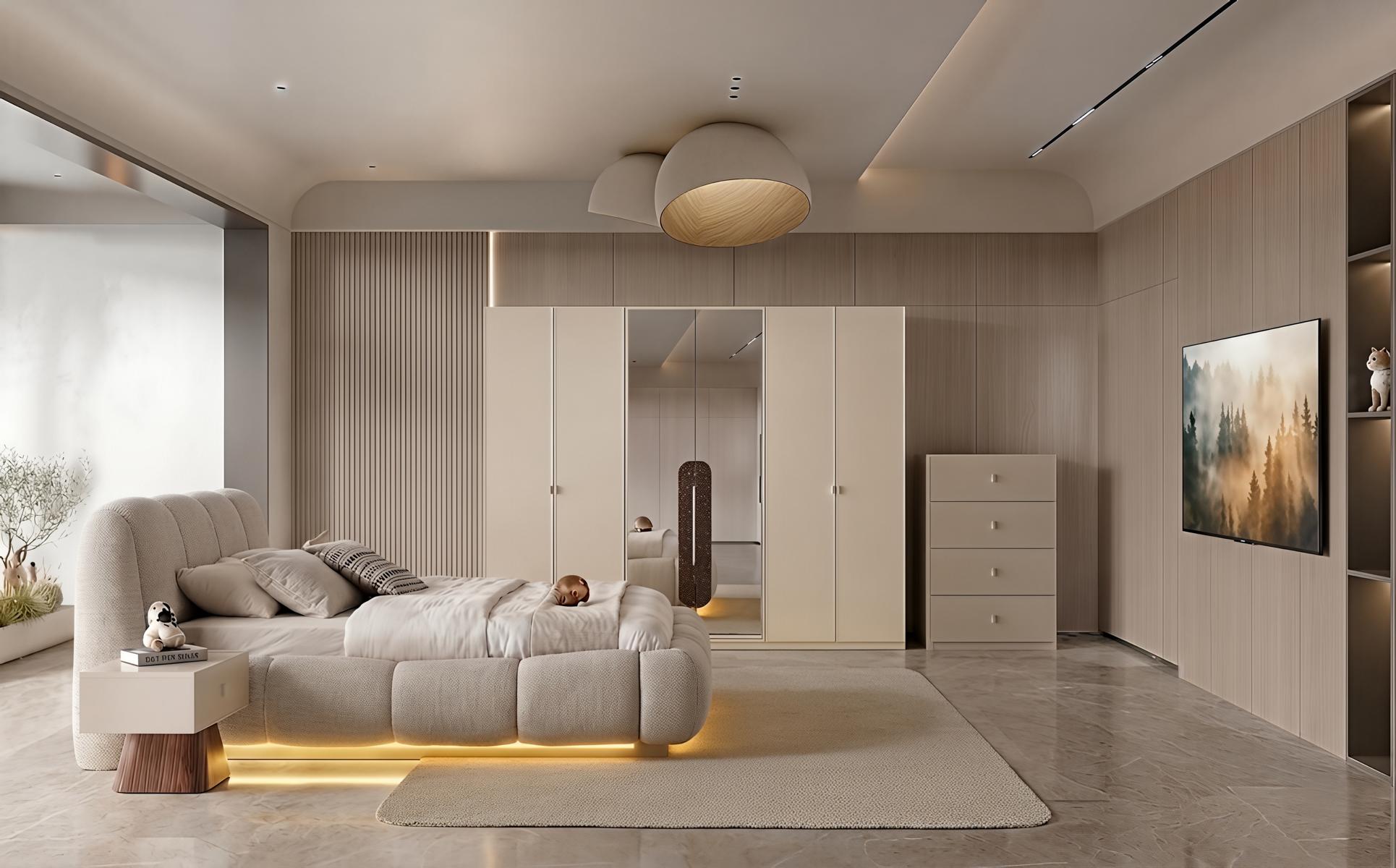 Schlafzimmer-Set Bett Schrank Kommode 2x Nachttische Modern Beige Edel