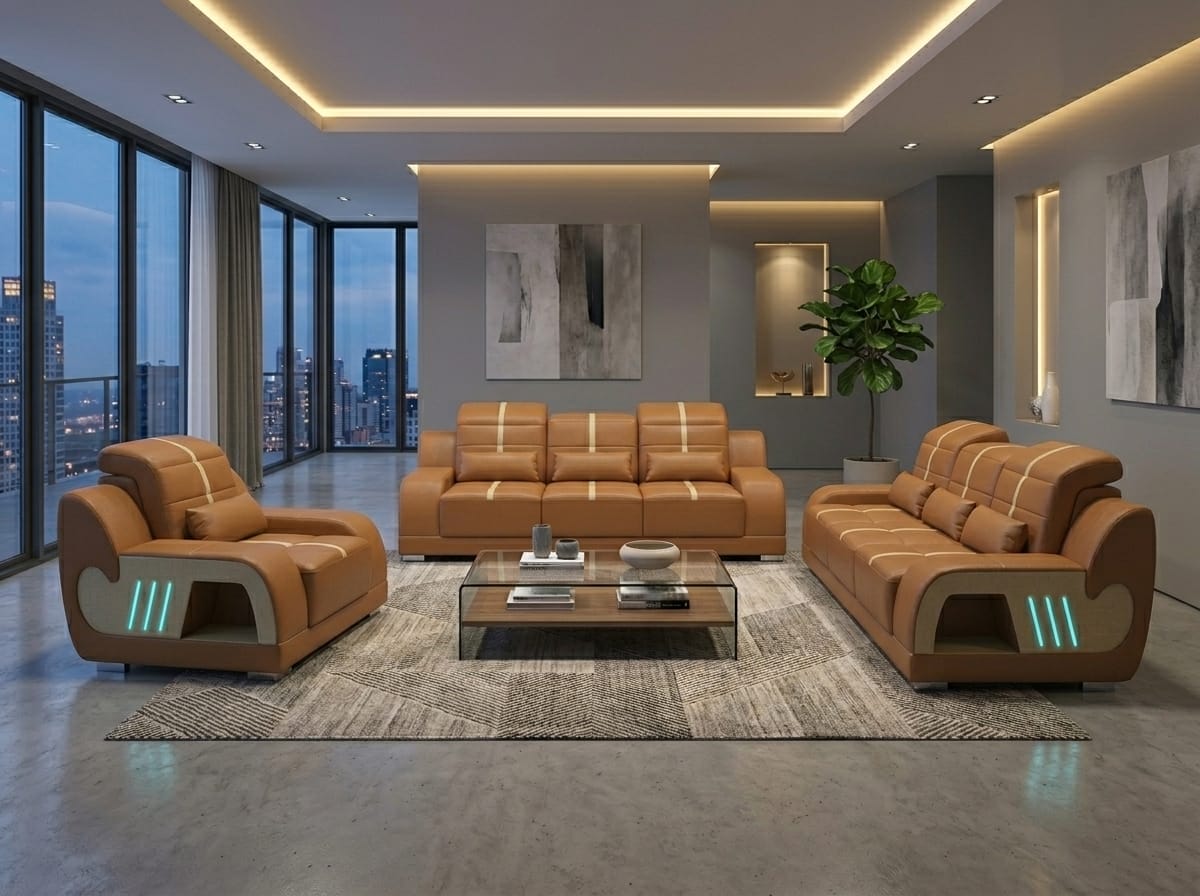 Leder Sofa Set 3+3+1 Modern Braun Couch Design Led Polstergarnitur