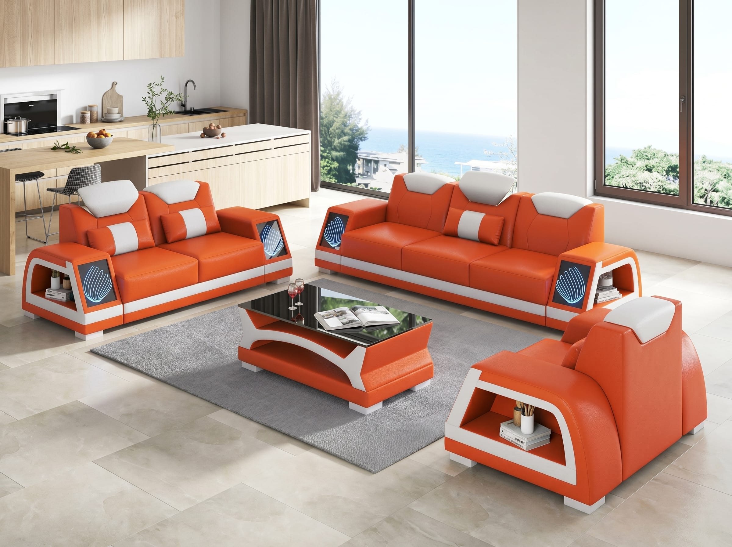Modernes Sofa Set 3-Sitzer 2-Sitzer Sessel Orange Weiß LED Wohnzimmer *