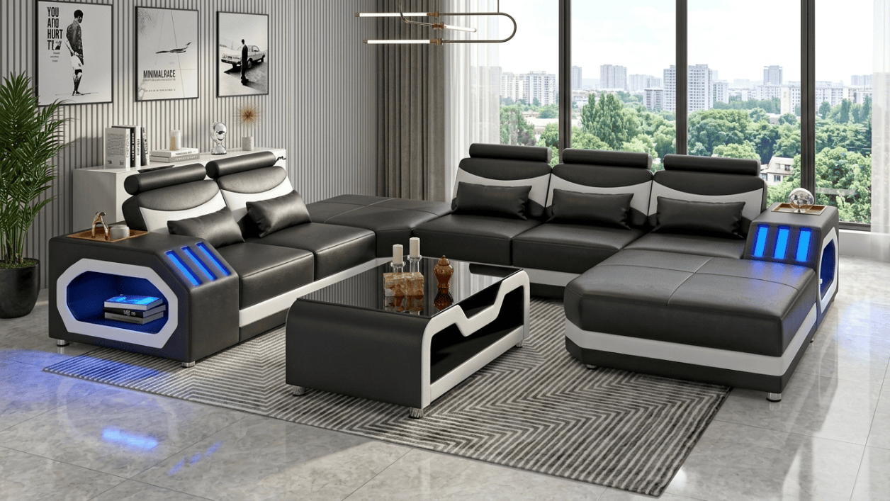 Modern Wohnlandschaft U-Form Couchtisch Schwarz LED Sofa Set Couch *