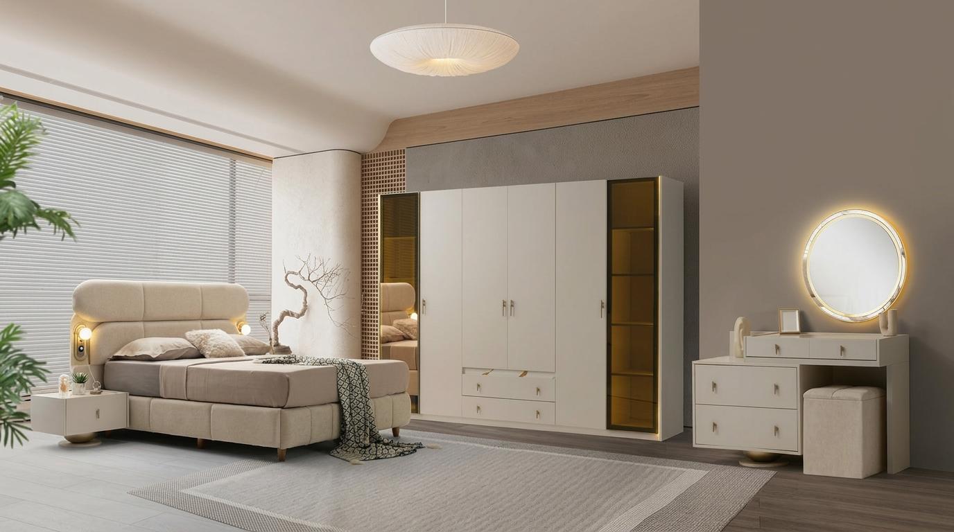 Schlafzimmer-Set Schrank Bett Kopfteil Kommode Spiegel Modern