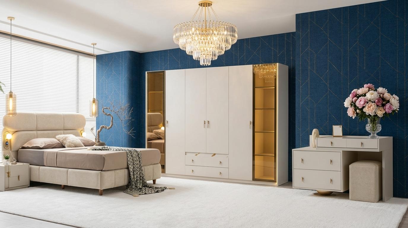 Schlafzimmer-Set Schrank Bett Kopfteil Kommode Modern Beige Bequem