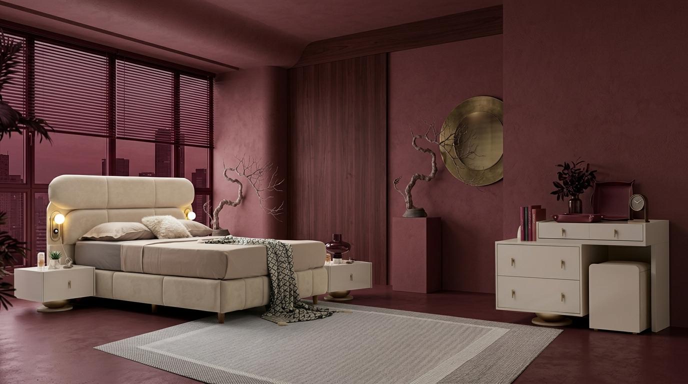 Schlafzimmer-Set Bett Kopfteil Kommode 2x Nachttische Modern Beige