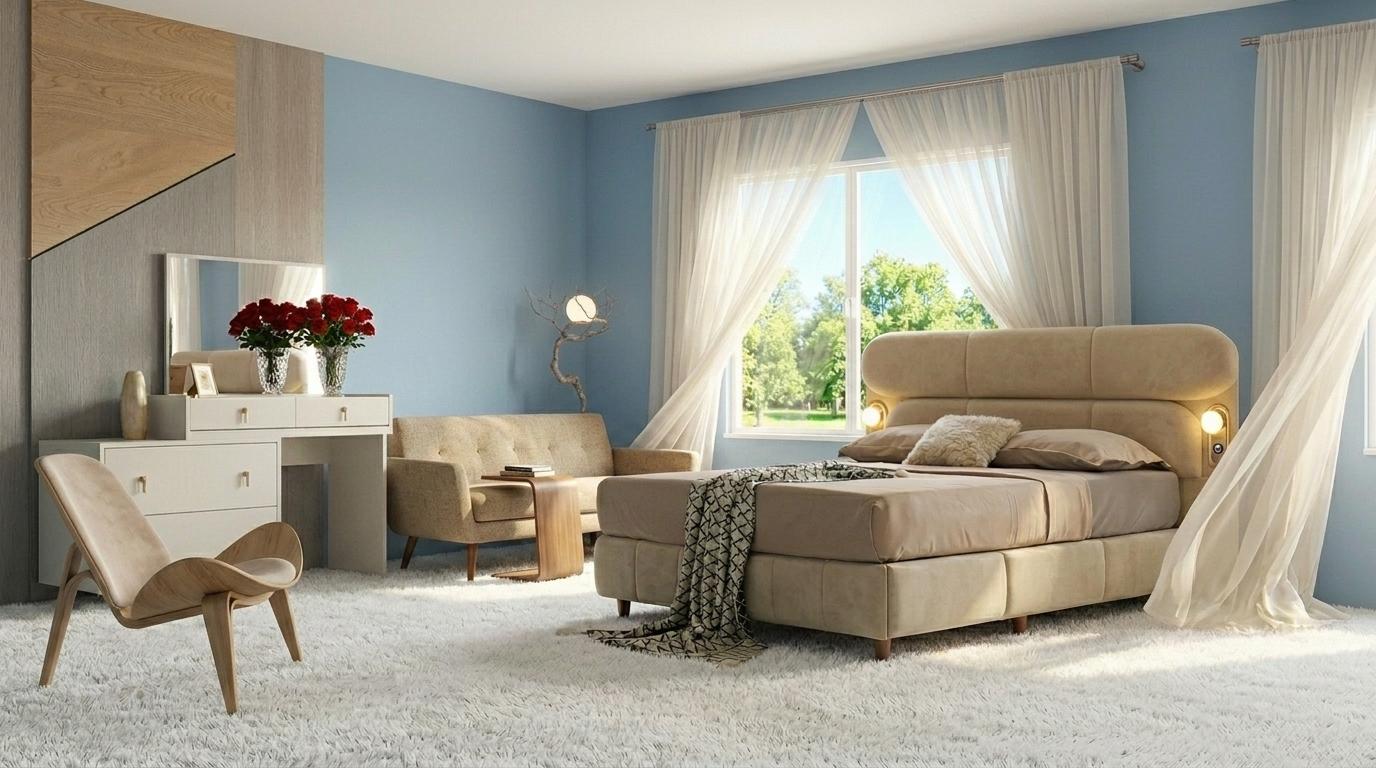 Schlafzimmer-Set Bett Kopfteil Kommode Modern Bequem Beige Weich