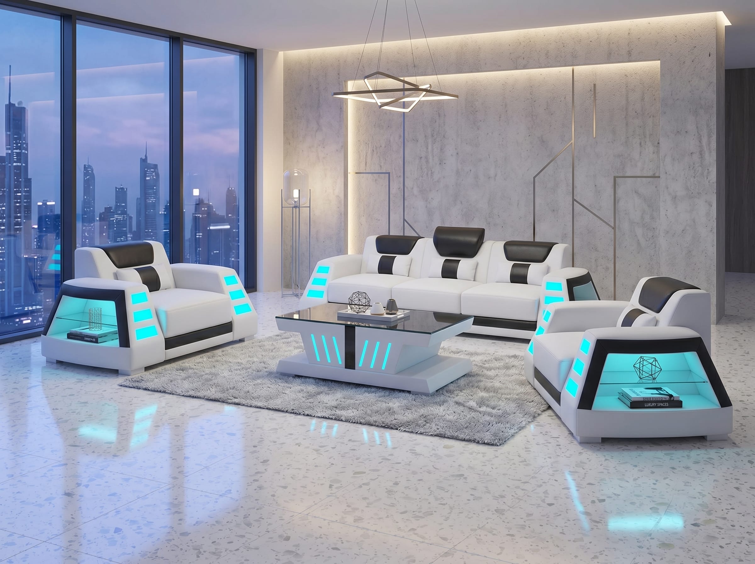 3 Sitzer Sofa 2 Sessel Weiß LED Design Couch Set Modern Wohnzimmer *