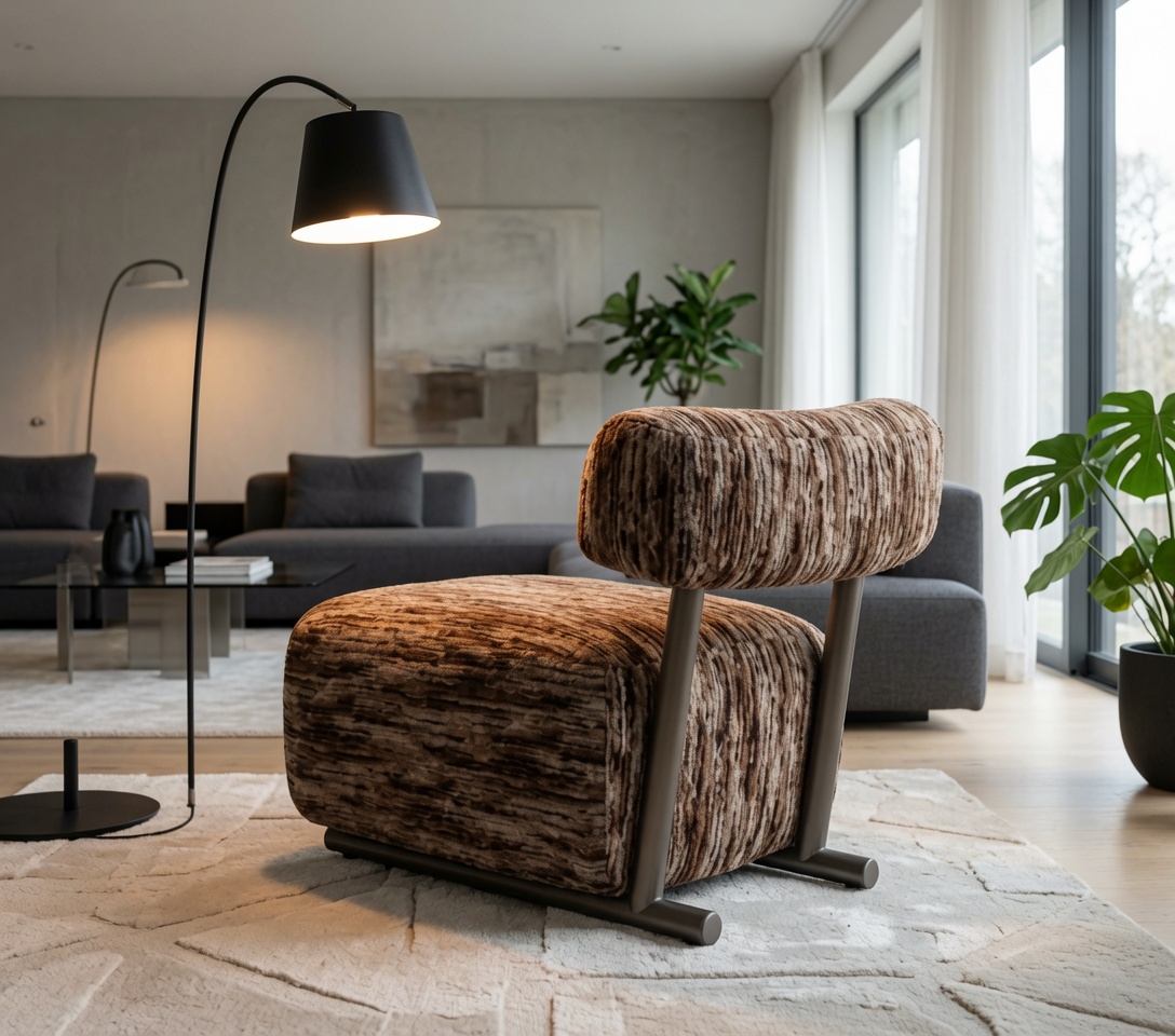 Modernes Lounge Sessel Braun Gestreift Pluesch mit Schwarzem Metallgestell
