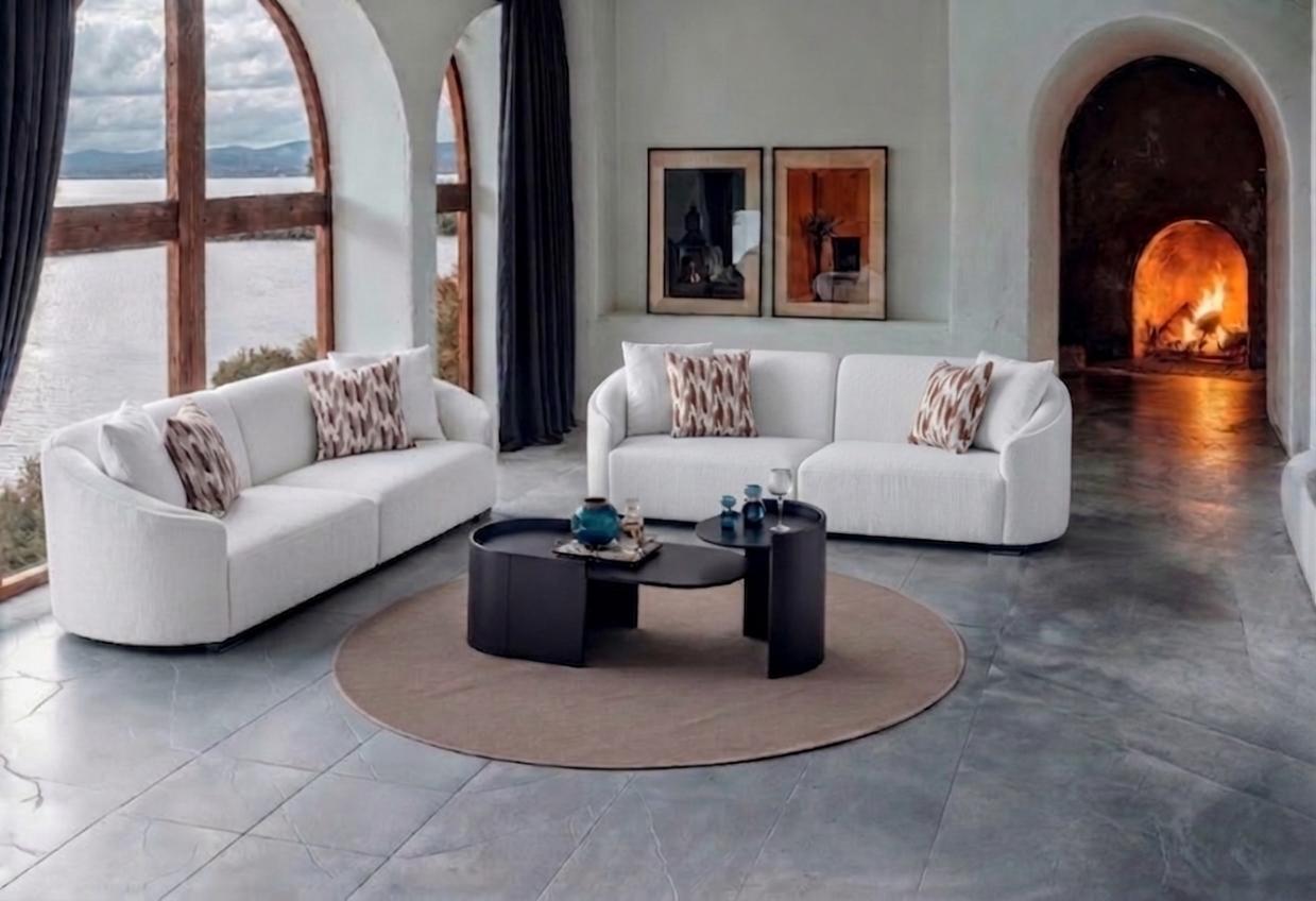 Sofa 3 Sitzer Couchtisch Set Modern Weiss Schwarz Elegant Tisch