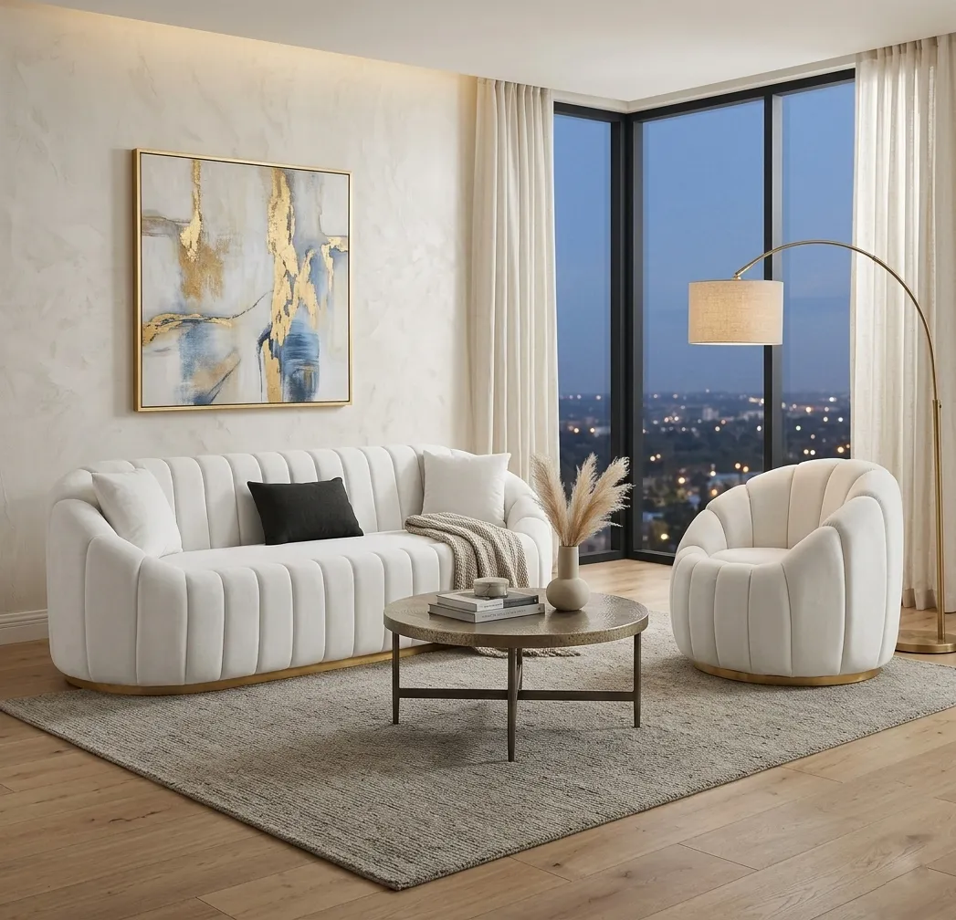 Weiß-Goldene Sitzgruppe Polstersofa Exklusiver Einsitzer 2tlg Set