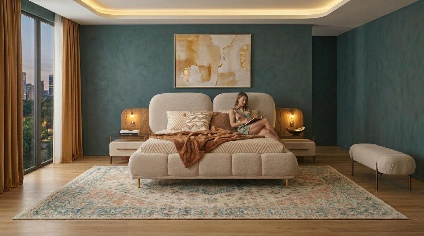 Bett 2x Nachttische Bank Schlafzimmer Stil modern beige komfortabel