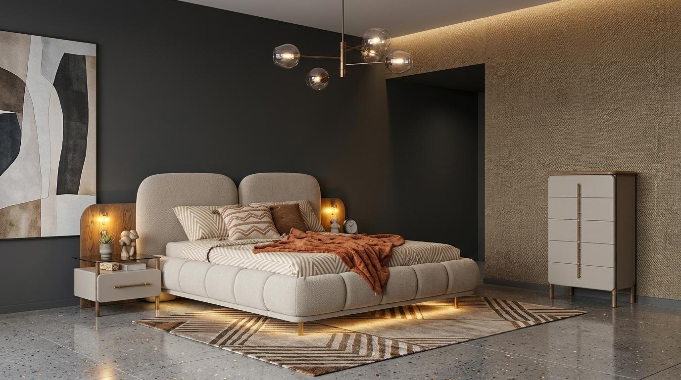 Bett 2x Nachttische Kommode Schlafzimmer Stil modern beige praktisch