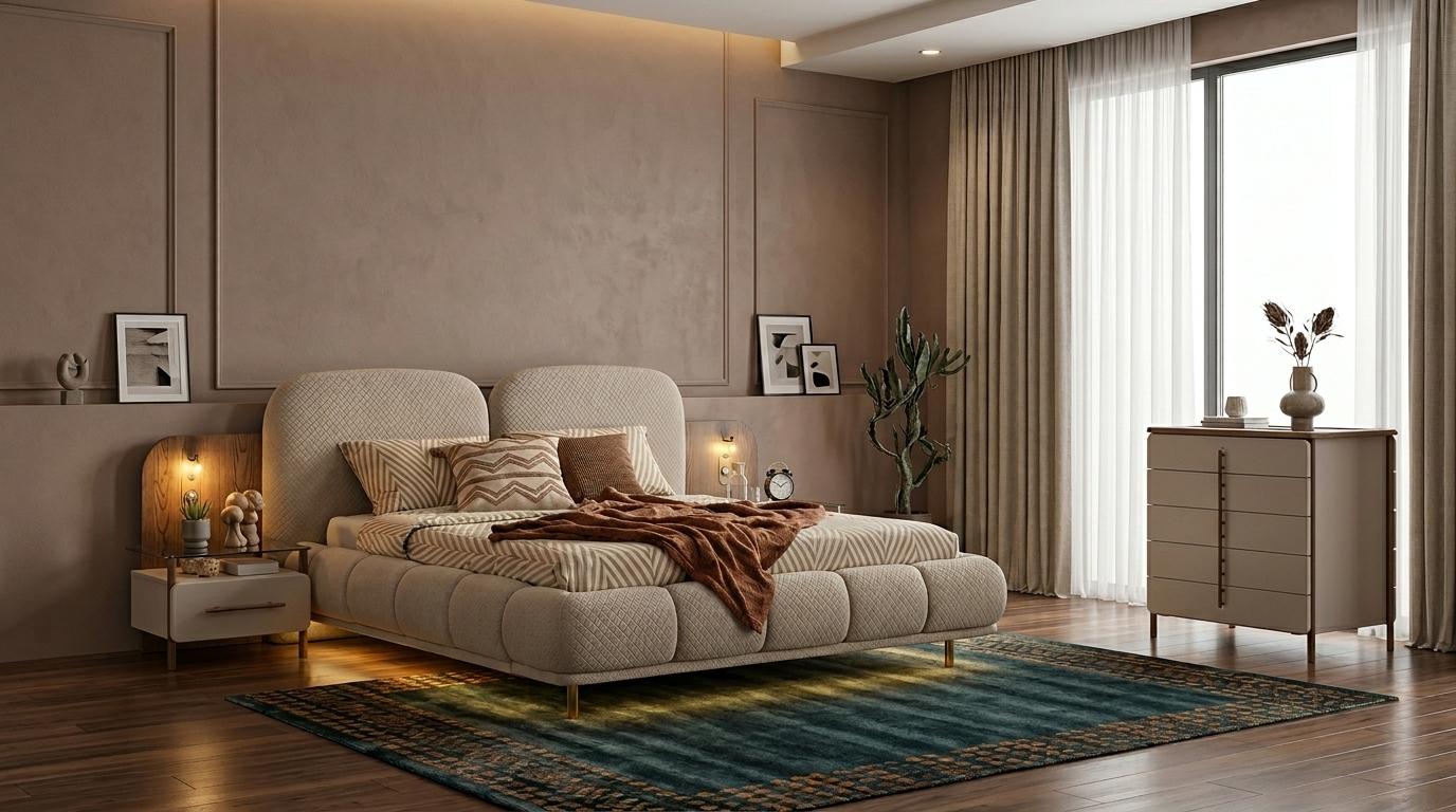 Bett 2x Nachttische Kommode Schlafzimmer Stil modern beige