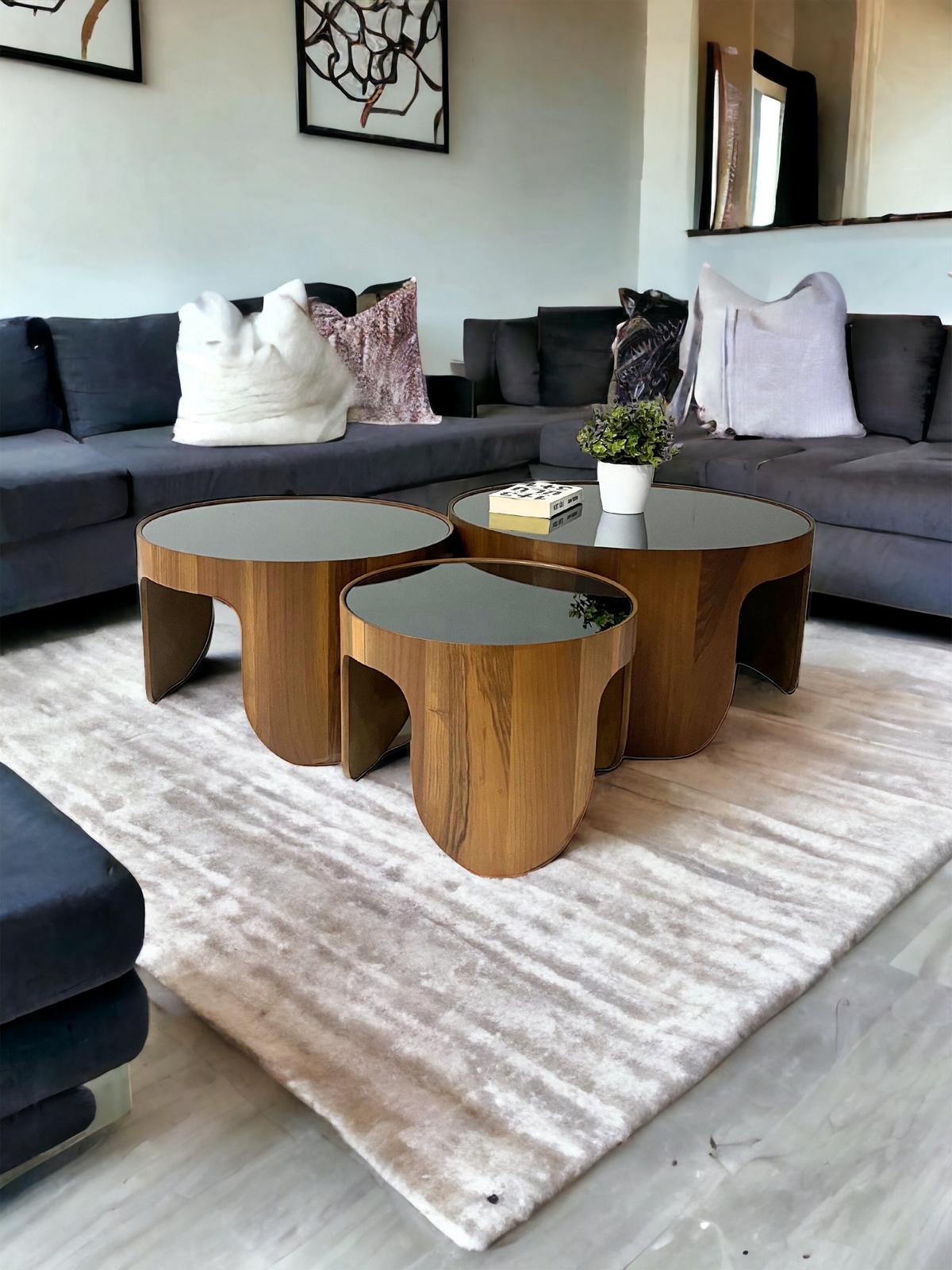 Beistelltisch Set 3er Walnuss Optik Glas Modern Wohnzimmer