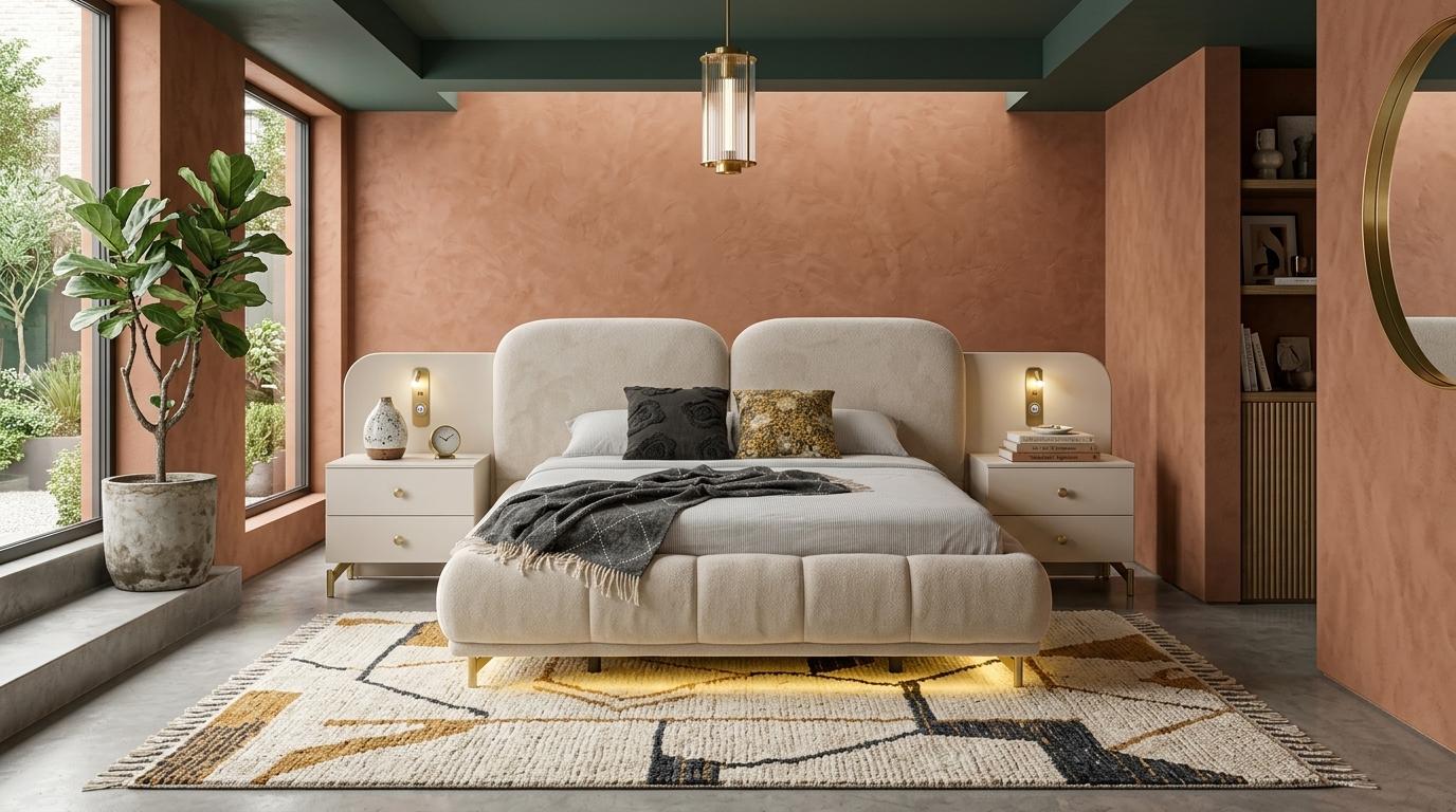 Bett 2x Nachttische Schlafzimmer Stil modern beige komfortabel bequem