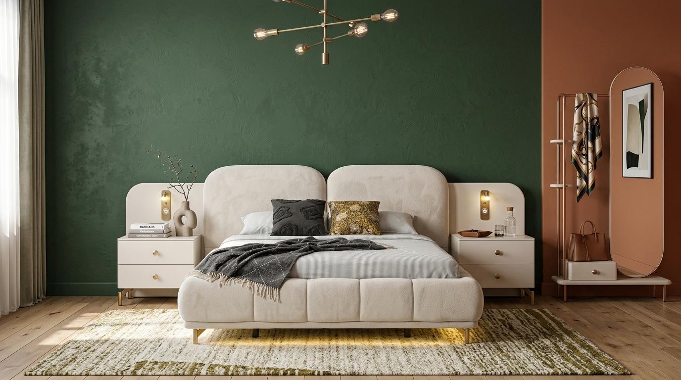 Bett 2x Nachttische Spiegel Schlafzimmer Stil modern beige bequem