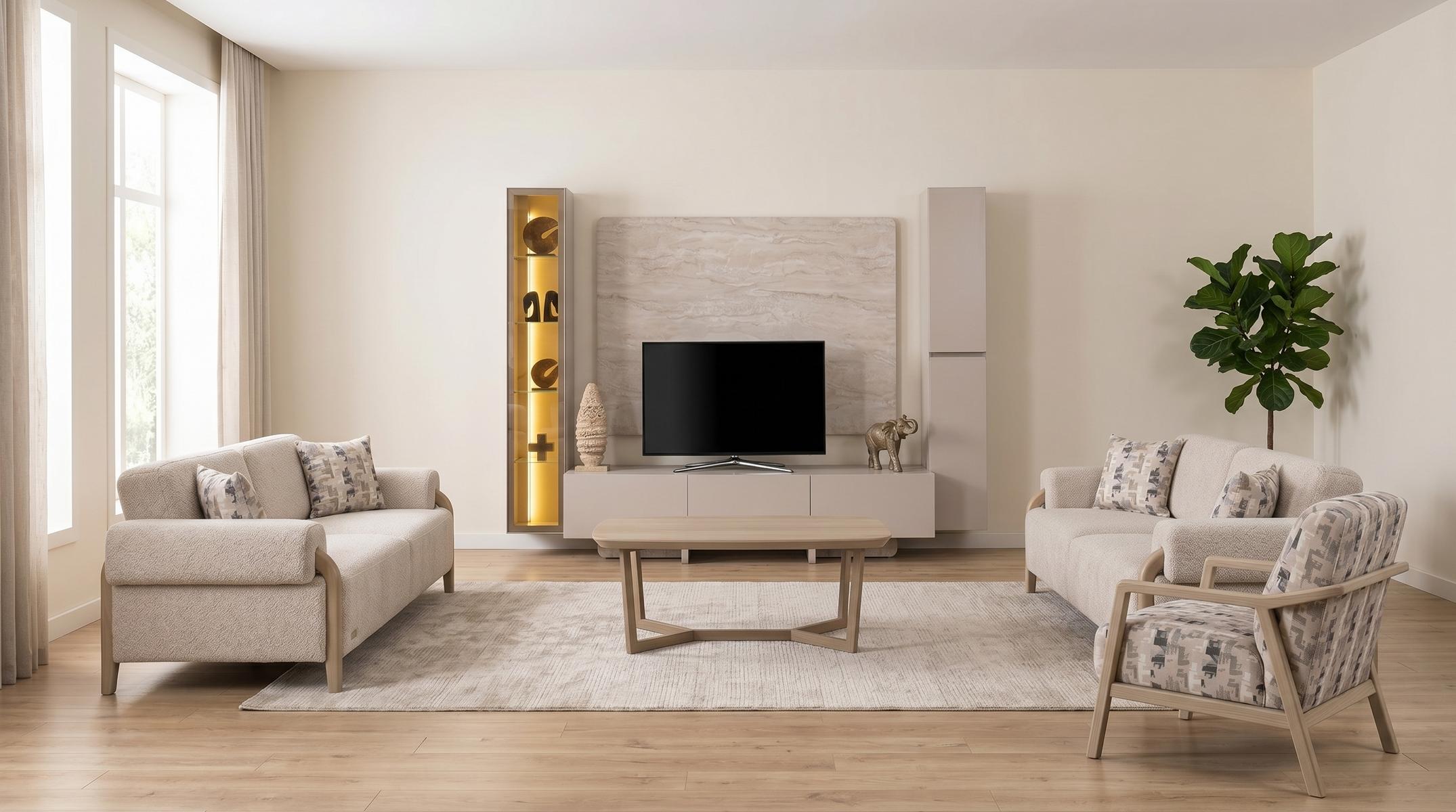 Edles TV Wohnwand Set Couchtisch Sofa Sessel 3+3+1 Beige Luxus