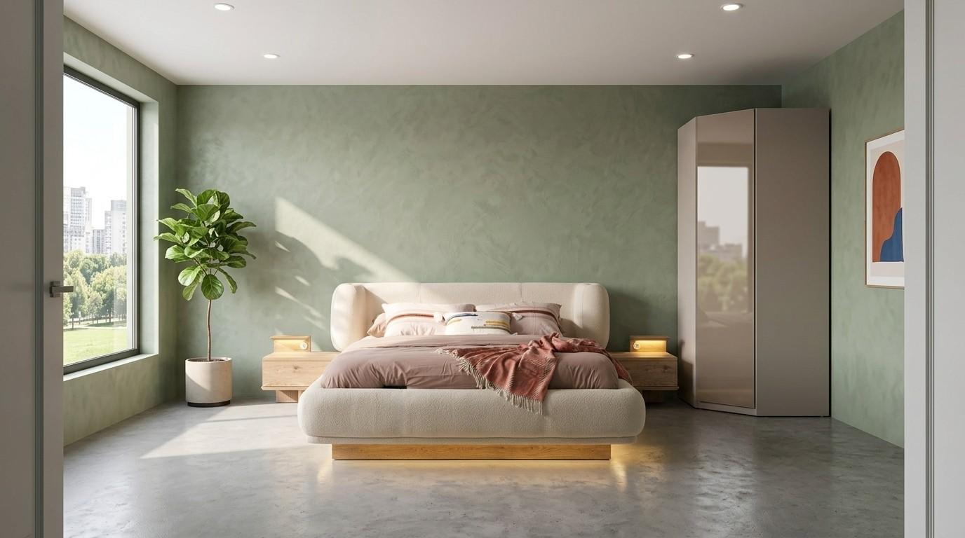 Bett 2x Nachttische Eckschrank Schlafzimmer Stil modern beige praktisch