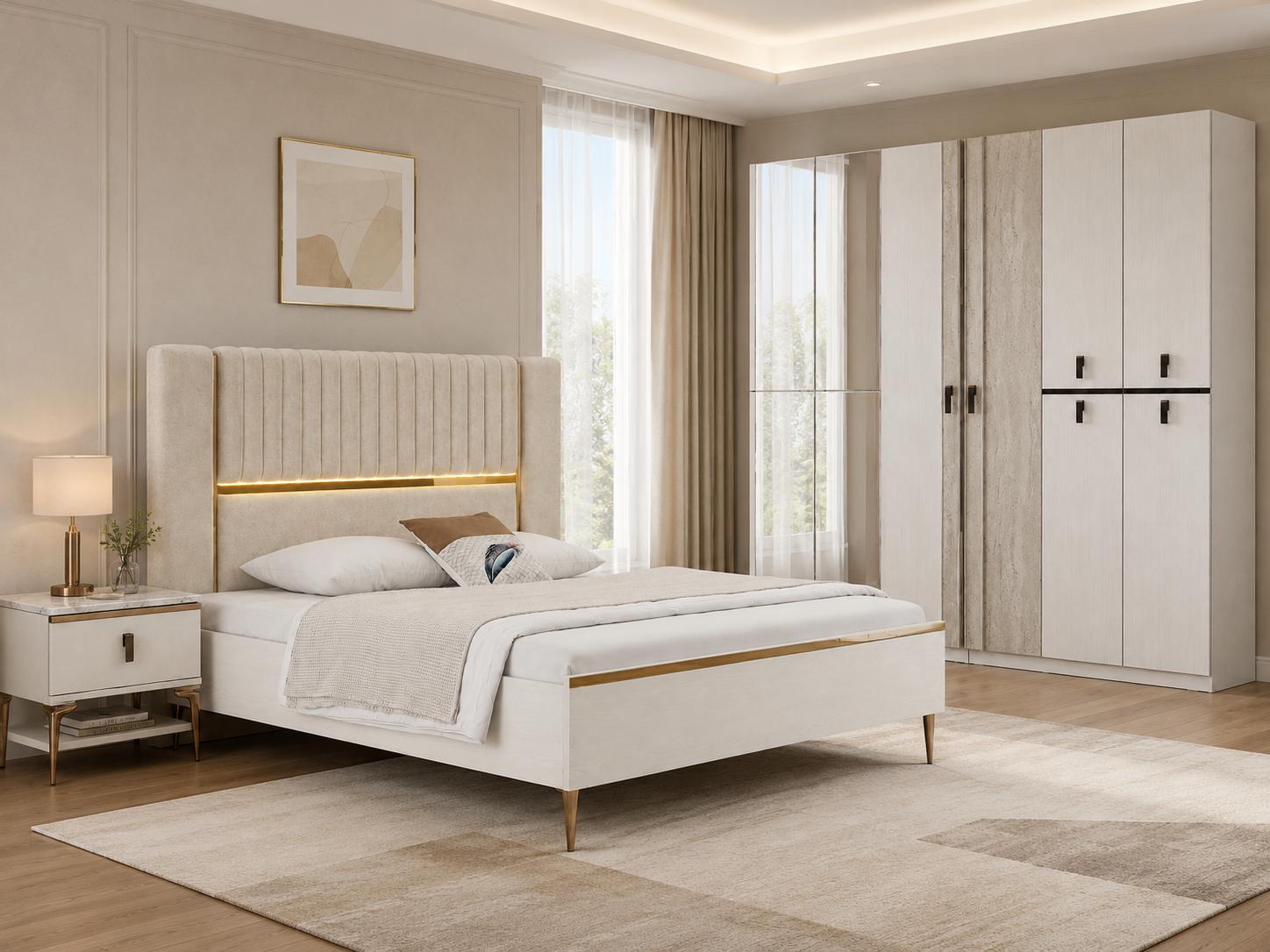 Schlafzimmer-Set Bett mit 2x Nachttische stilvoller Luxuriöser Kleiderschrank