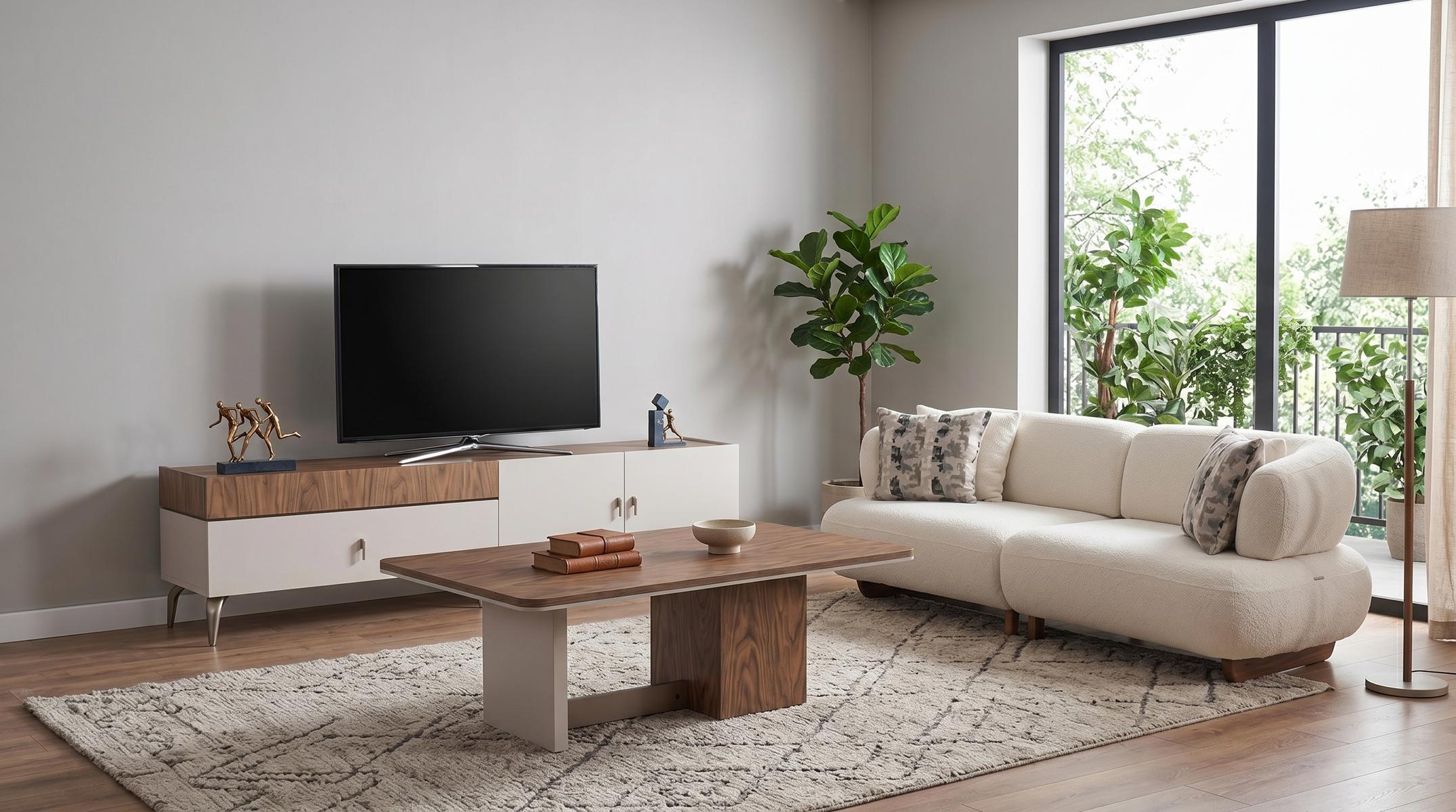 3-Sitzer Sofa TV-Möbel Couchtisch Modern Beige Stilvoll Komfortabel Lounge