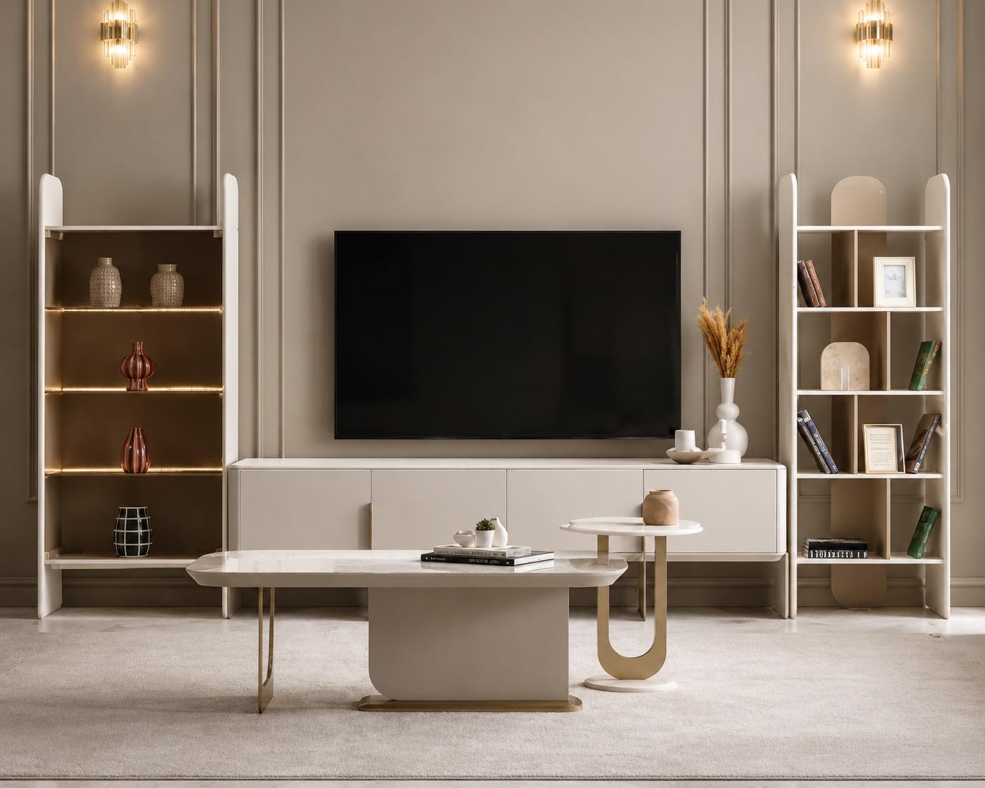 Beiges Wohnzimmer set Sideboard Vitrinenschrank Bücherregal Couchtisch