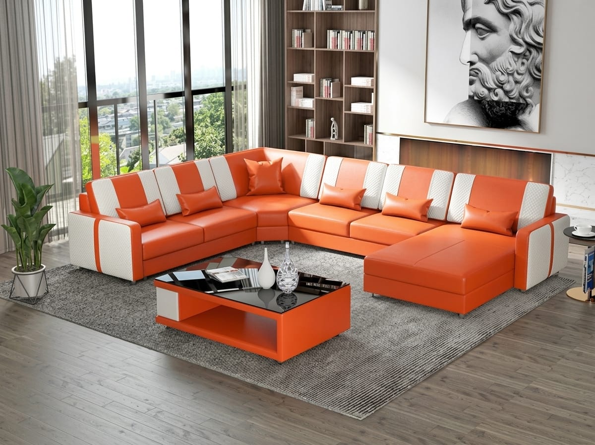 Weiß Orange Modern Wohnlandschaft U-Form Couchtisch LED Sofa Set Couch