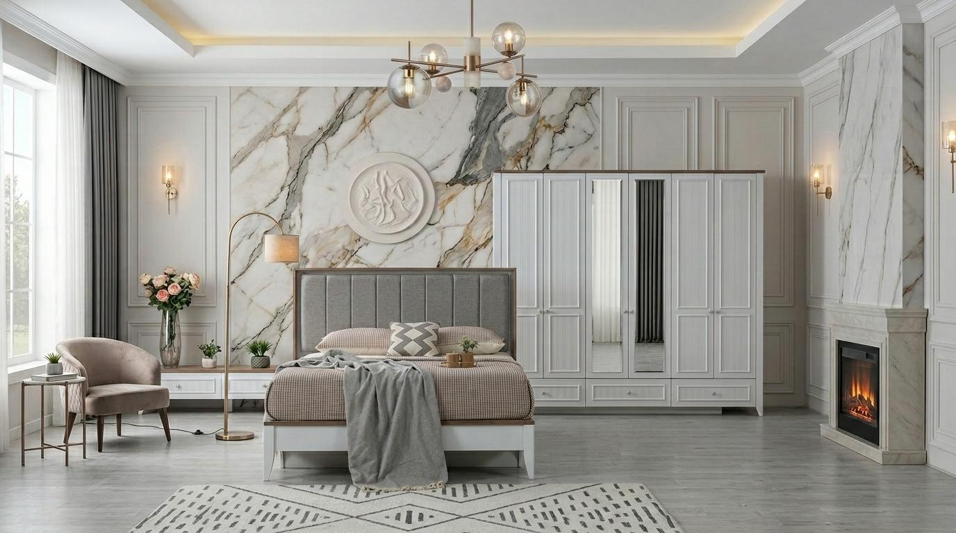 Schlafzimmer-Set Schrank Bett Kopfteil Modern Weiß Weich Bequem