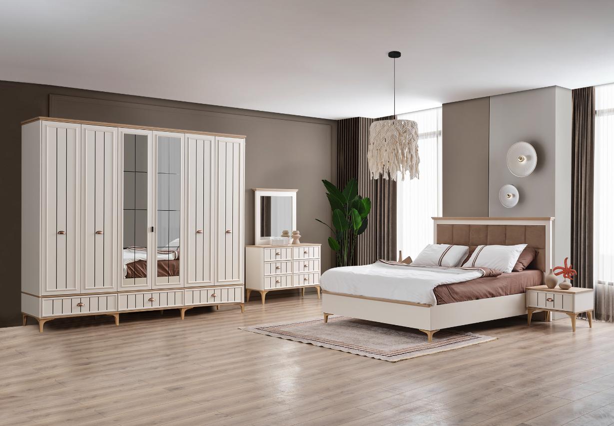 Beiges Schlafzimmer-Set Bettrahmen Kopfteil Kleiderschrank Schminktisch