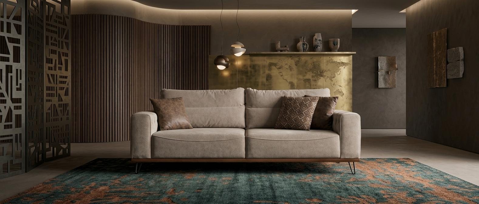 Beiges Designer 3 Sitzer Sofa mit Holzrahmen und Dünnen Metallfußen
