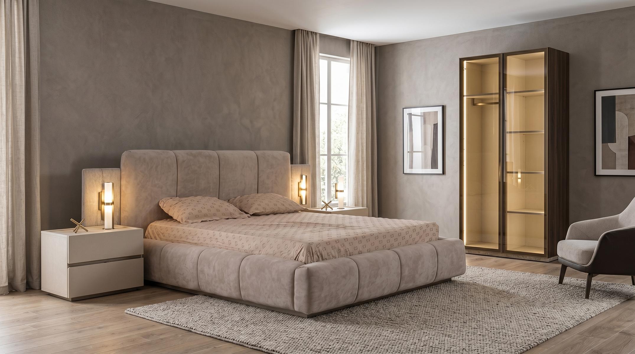 Modern Schlafzimmer Set Beige Bett 2 Nachttische Schrank System Luxus