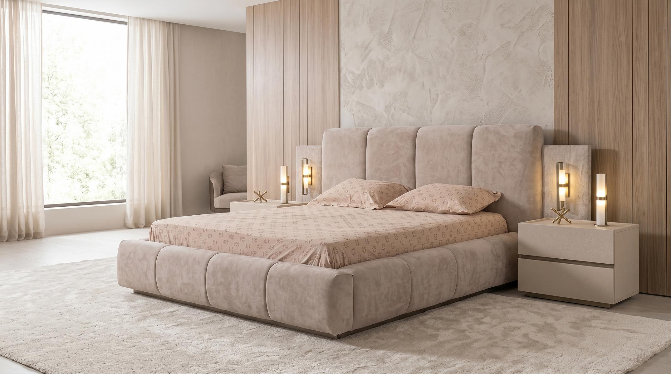 Schlafzimmer Set Modernes Beige Stauraumbett Nachttische(2x) Stoff Bett