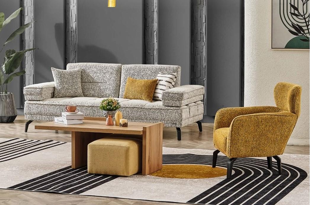 Gemütliches 3-Sitzer-Sofa mit passendem Sessel und Hocker