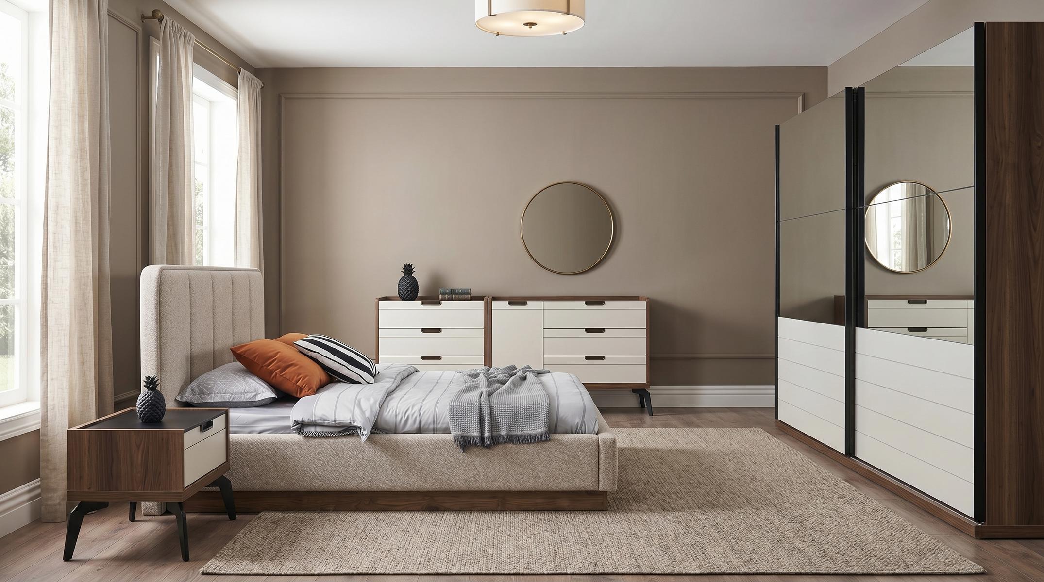 Schlafzimmer Set Modernes Doppelbett Nachttische(2x) Kommode mit Spiegel