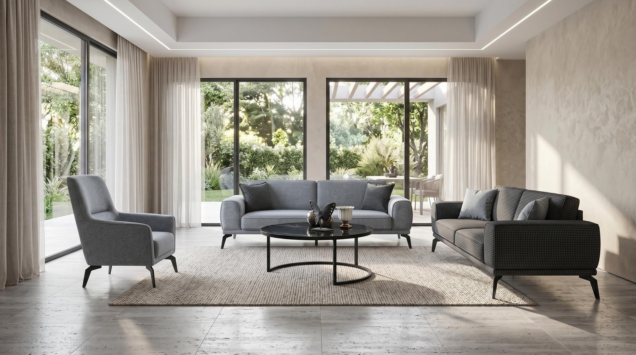 3-Sitzer Sofas(2x) Sessel Couchtisch Modern Grau Anthrazit Stilvoll