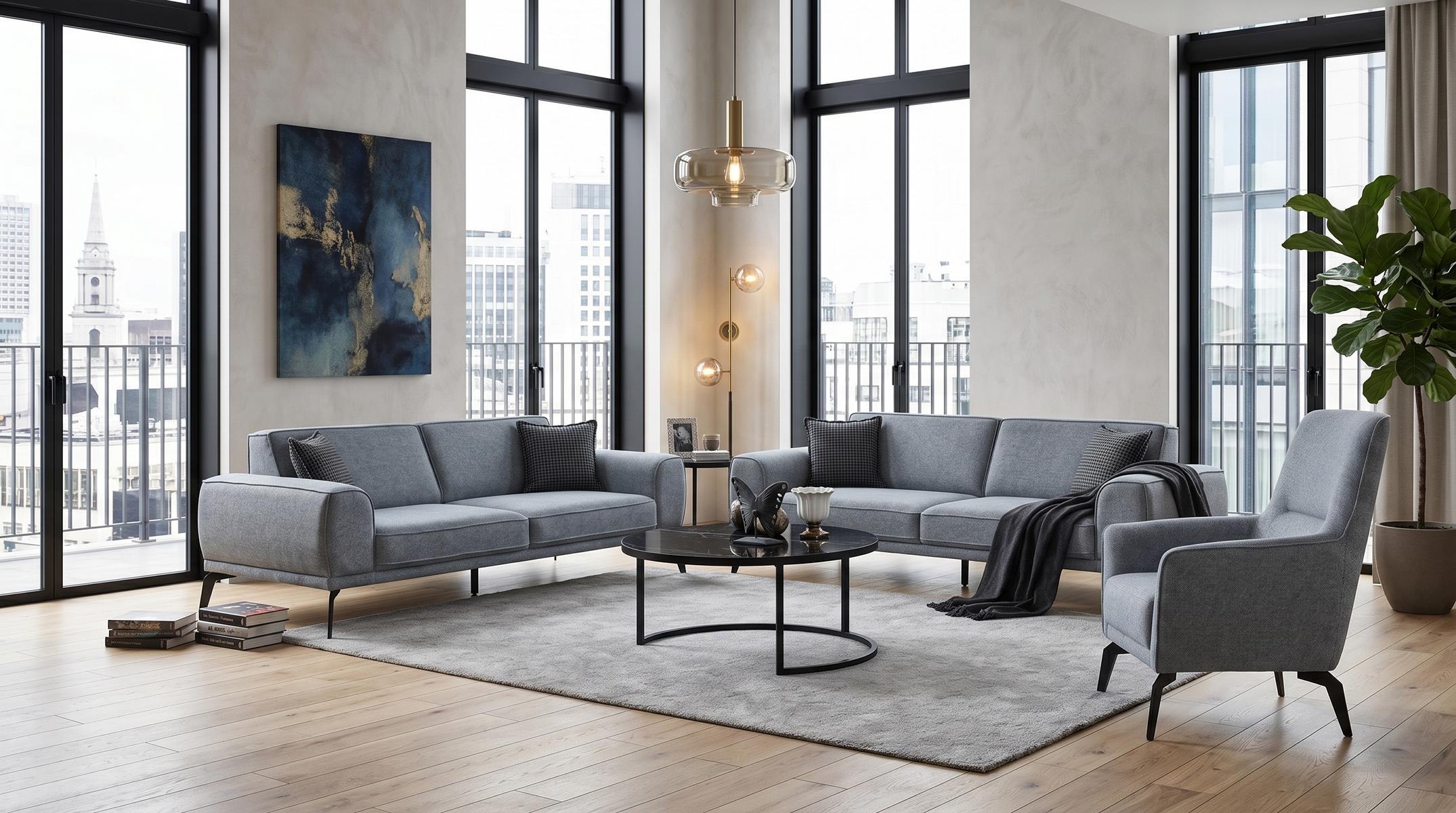 3-Sitzer Sofas(2x) Sessel Couchtisch Modern Grau Anthrazit Stilvoll