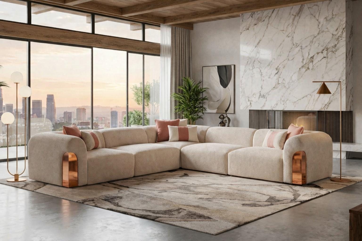 Modulares Sofa Eckform Hellbeige Gross mit Kupfer Akzenten