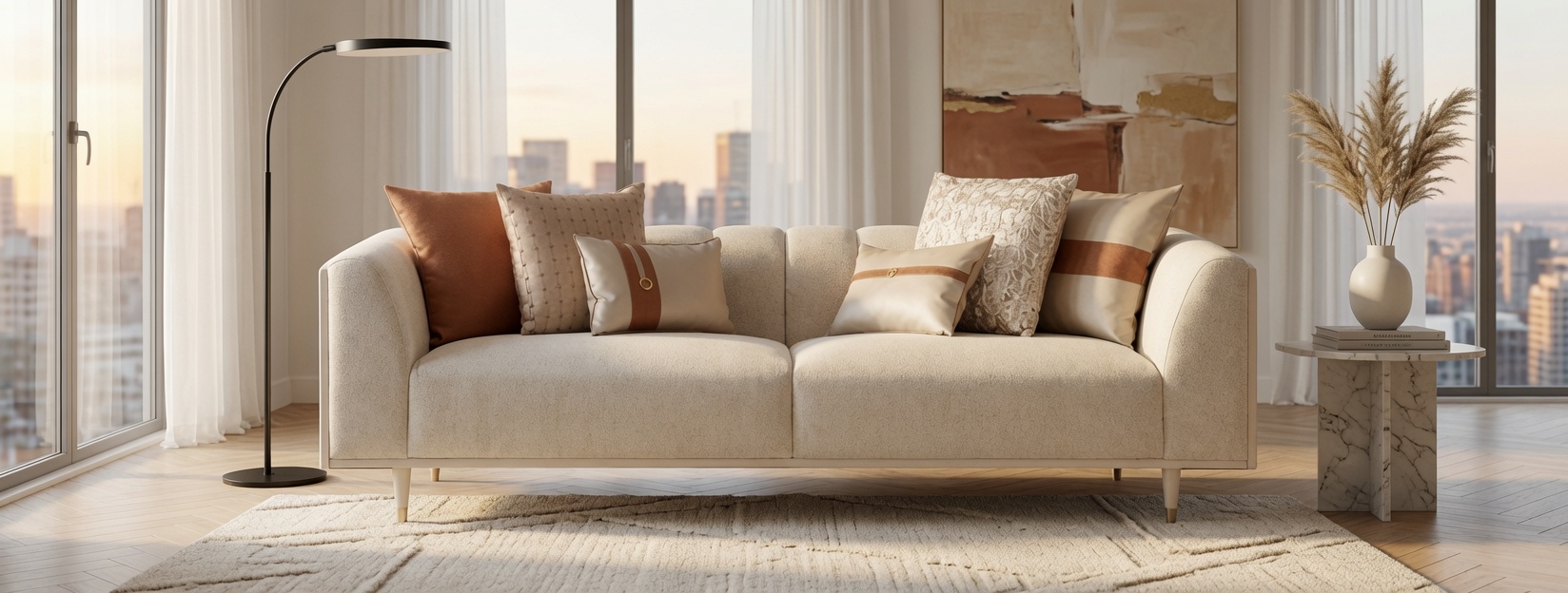 Komfortables 3 Sitzer Sofa Beige mit Dekorativen Kissen