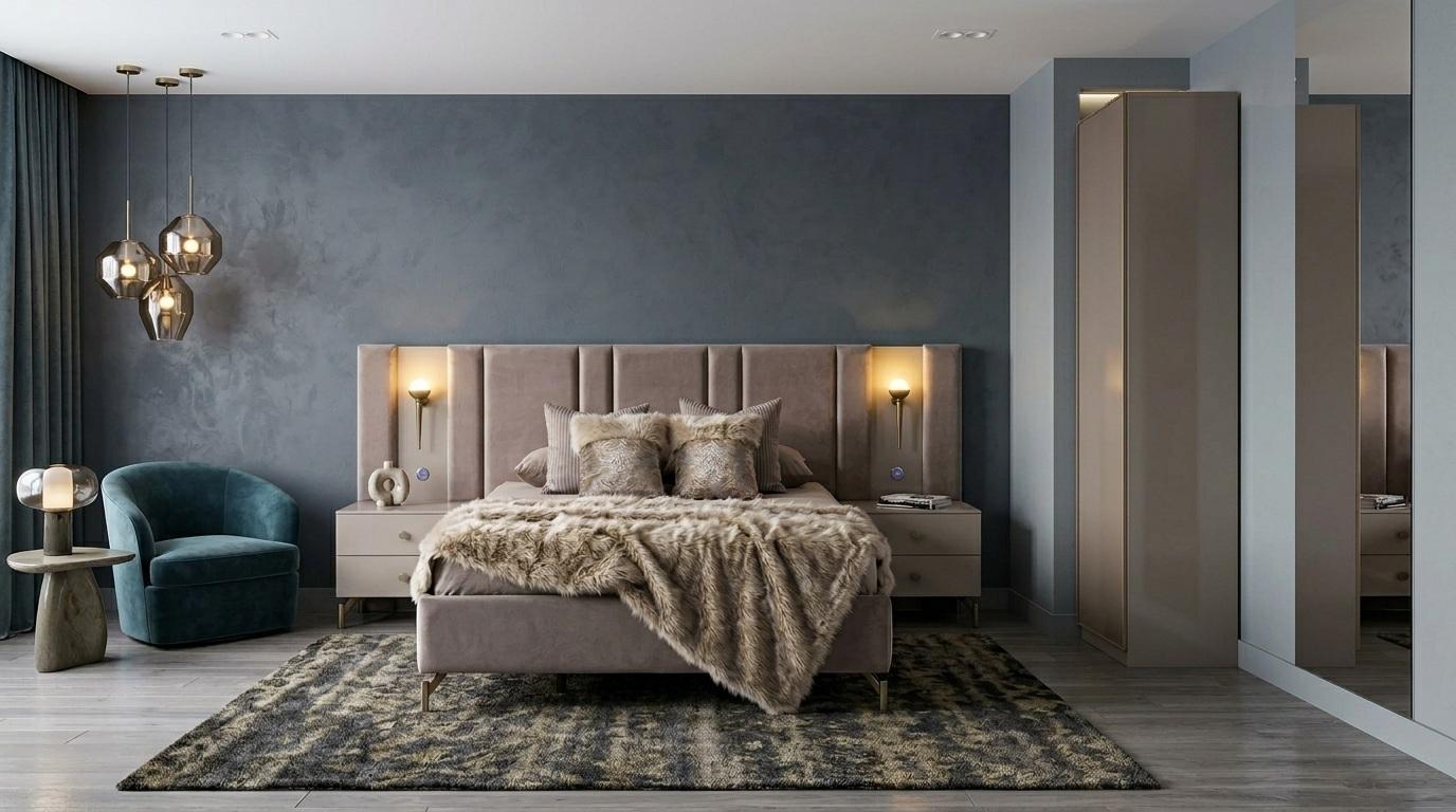 Bett 2x Nachttische Einzelschrank Schlafzimmer Stil modern beige