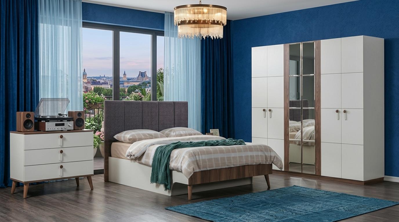 Schlafzimmer-Set Schrank Bett Kopfteil Kommode Modern Weiß Holz