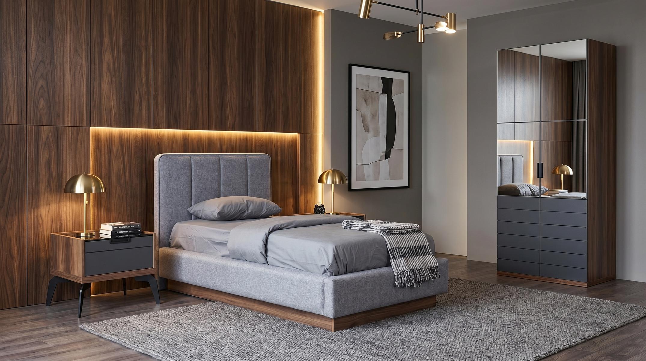 Stilvolles Schlafzimmer Set Bett 2 Nachttische Schrank Blau Modern