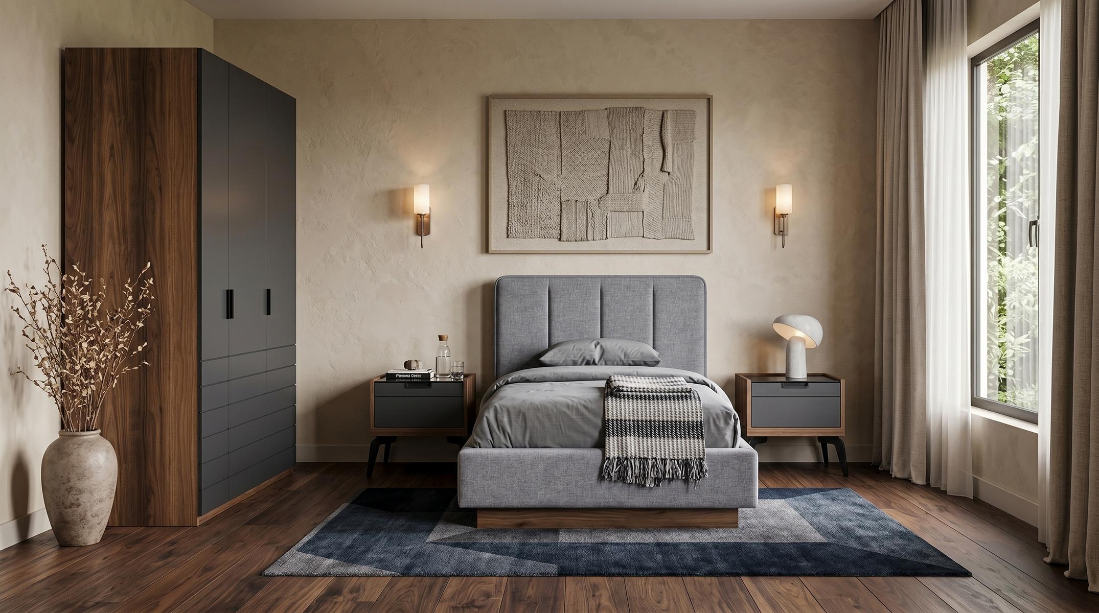 Stilvolles Schlafzimmer Set Bett 2 Nachttische Schrank Grau Modern