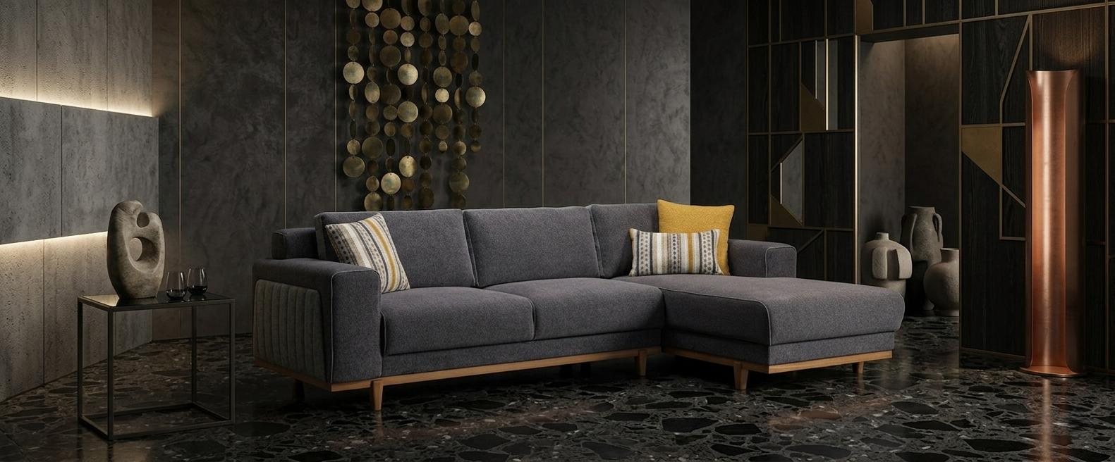 Stilvolles Sofa Grau L Form mit Holz Fuss Modern Luxus