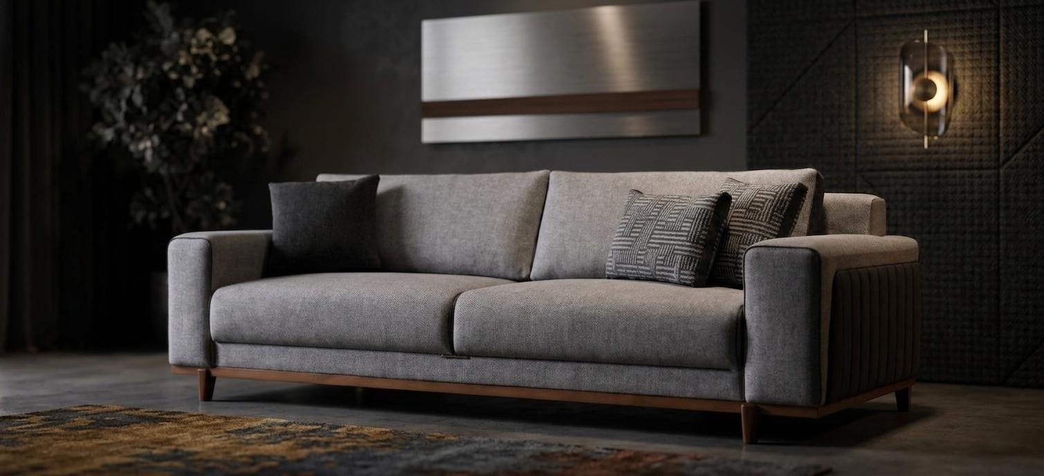 Luxus 3 Sitzer Sofa Grau mit Holzfuessen Modern Komfort