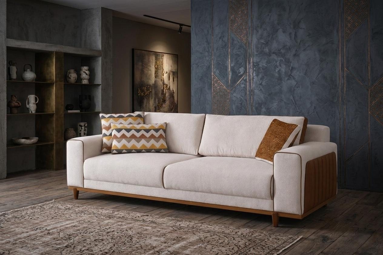 Komfortables 3 Sitzer Sofa Beige mit Holz Fuss Design
