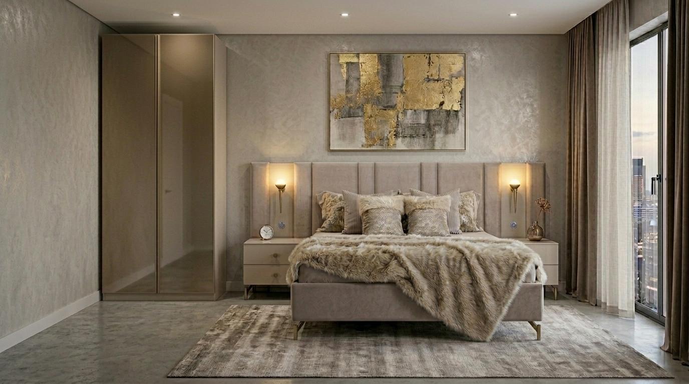 Bett 2x Nachttische Schrank Schlafzimmer Stil modern beige komfortabel