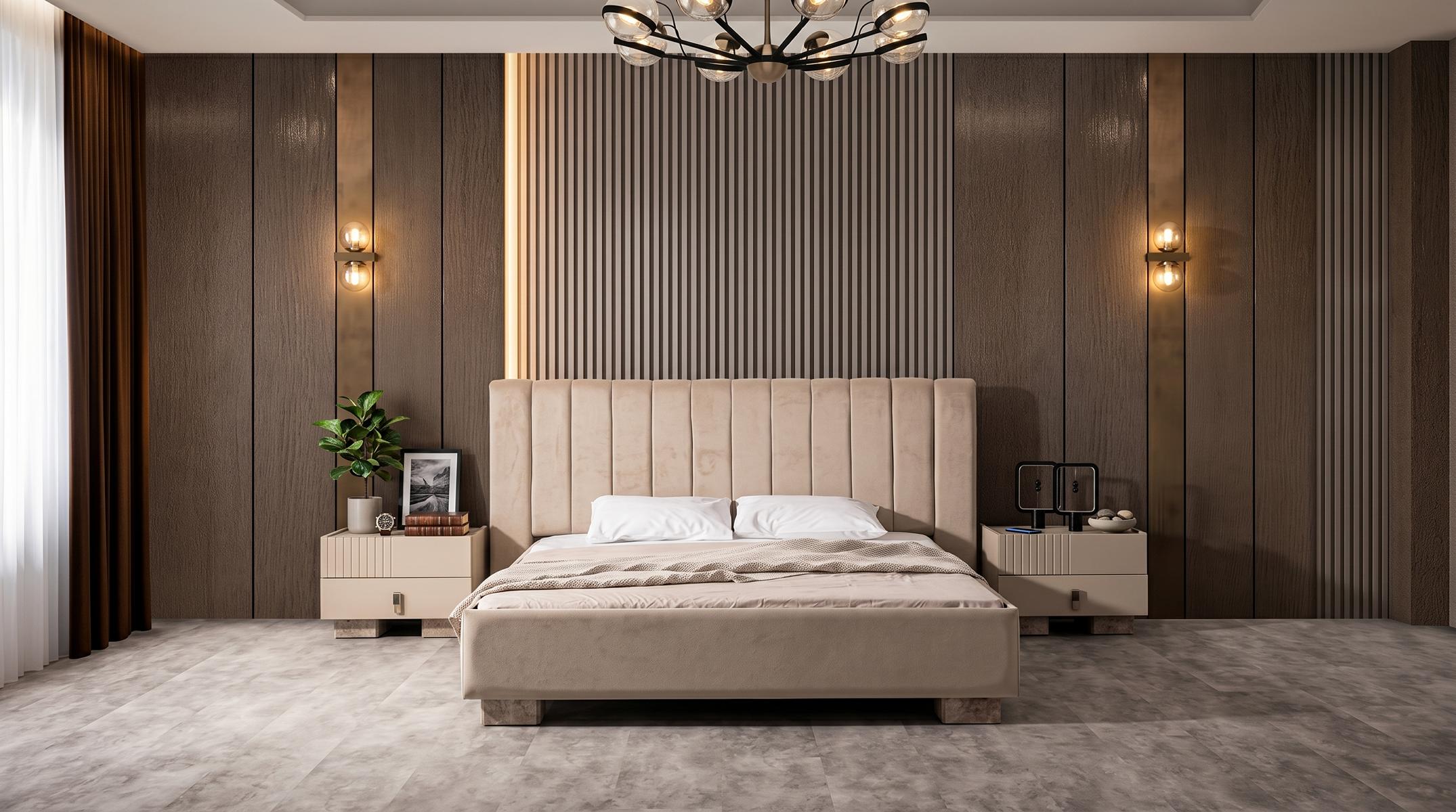 Beiges Schlafzimmer-Set Bett Nachttische Schlafzimmermöbel Designer-Möbel