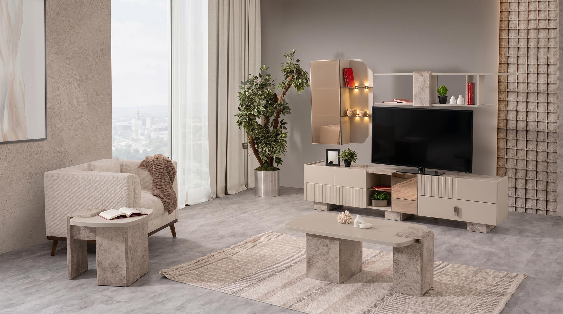 Beiges TV-Set Kommode Regal Couchtisch Beistelltisch Wohnzimmer-Set Designer