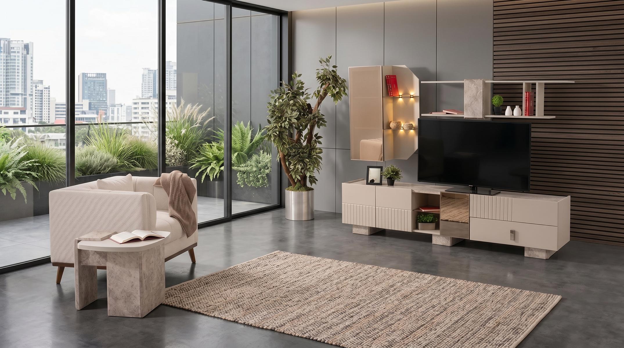 Modernes TV-Set in Beige TV-Block Regal Beistelltisch Wohnzimmer-Set